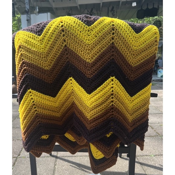 Handmade Other - Vintage Retro Zig Zag Chevron Afghan Blanket Yellow Brown Groovy 64"x80"